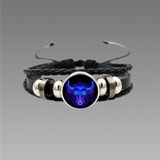 Zodiac Constellation Braided Design Black Leather Bracelet Adjustable