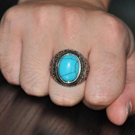 Men Silver-Plated Blue Stone Studded Oxidized Ring
