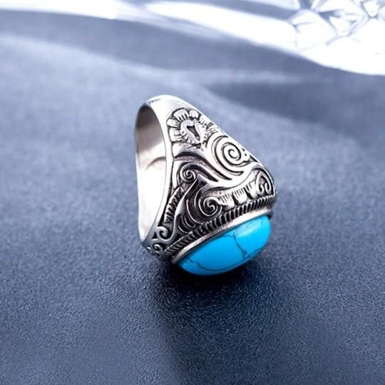 Men Silver-Plated Blue Stone Studded Oxidized Ring