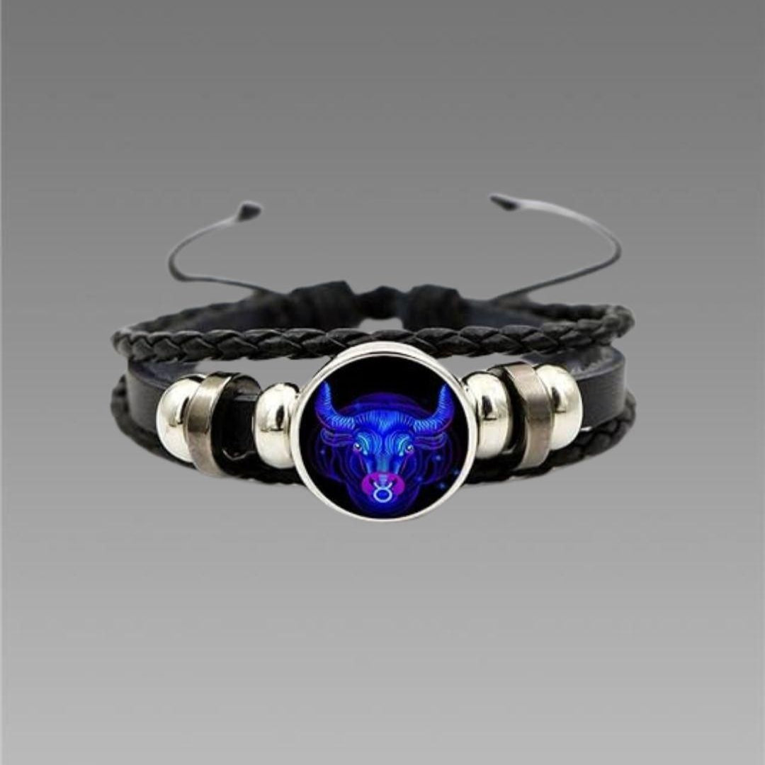 Zodiac Constellation Braided Design Black Leather Bracelet Adjustable