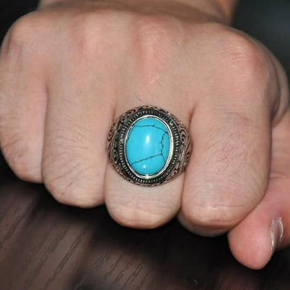 Men Silver-Plated Blue Stone Studded Oxidized Ring