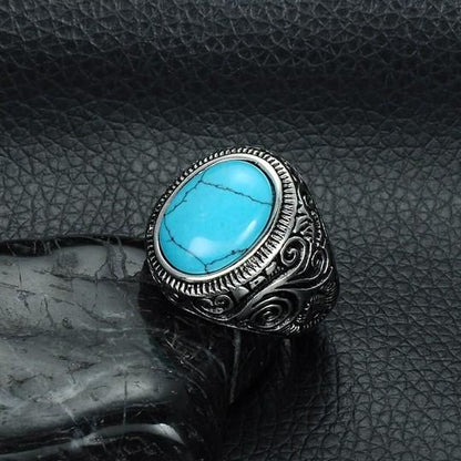 Men Silver-Plated Blue Stone Studded Oxidized Ring
