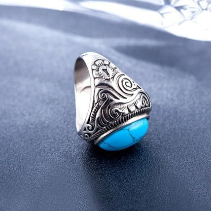 Men Silver-Plated Blue Stone Studded Oxidized Ring