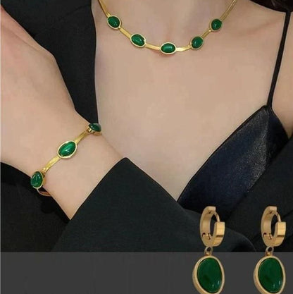Oval Green Crystal Pendant Necklace Set With Bracelet